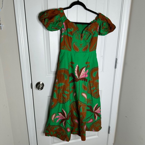 Anthropologie Maeve green puff sleeves floral sweetheart‎ midi dress 2 vacation - Picture 3 of 11